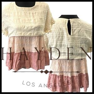 Hayden Cream/Pink Layered Colourblock Short Sleeve Boho Top (M)